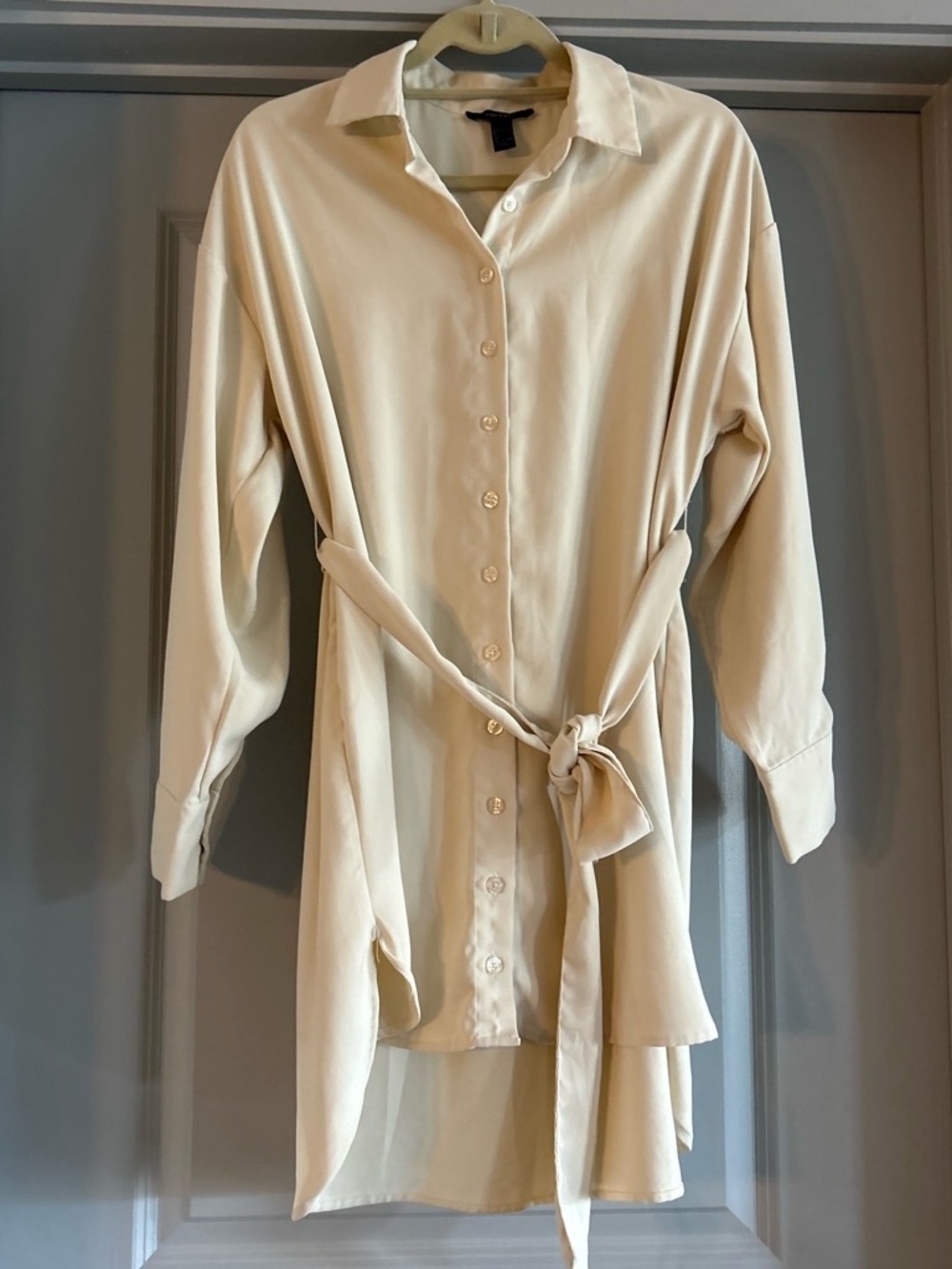 Forever 21 Cream Button-Front Satin Robe Shirt with Waist Tie